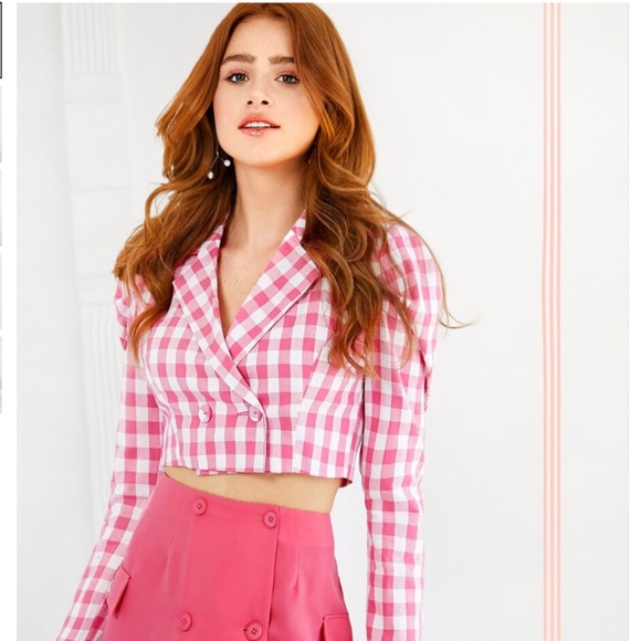 SHEIN Jackets & Blazers - Shein Pink Gingham Cropped Blazer